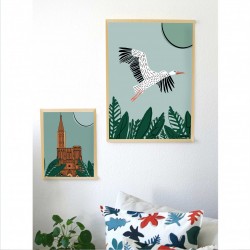 Affiche envolée cigogne et cathédrale
