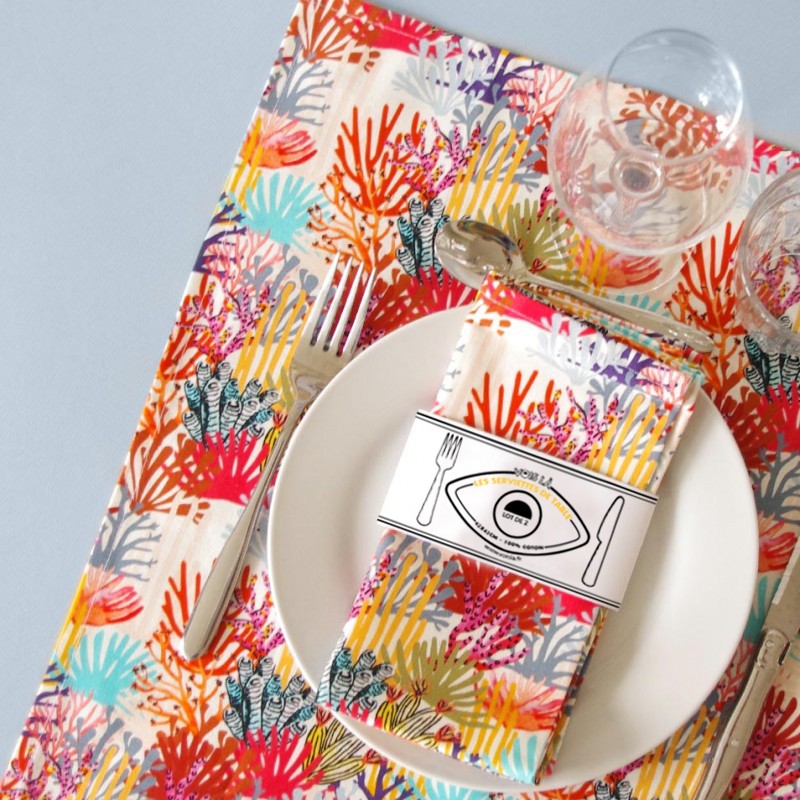 serviettes de table coton motif corail